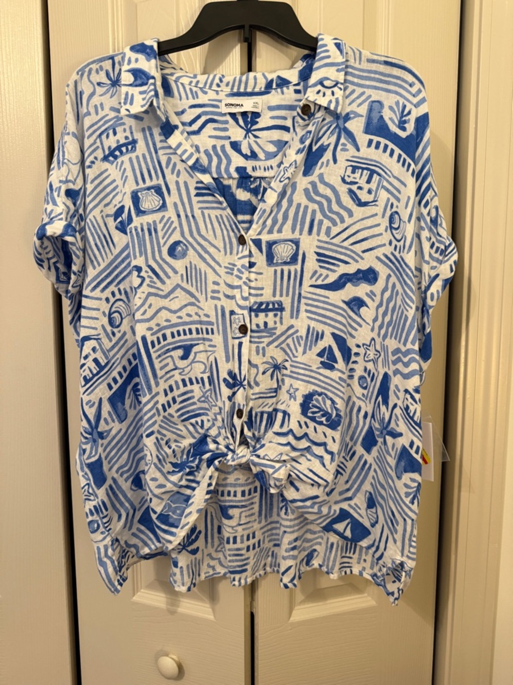Sonoma Blue & White Printed Button-Front Tie-Hem Linen Camp Shirt
